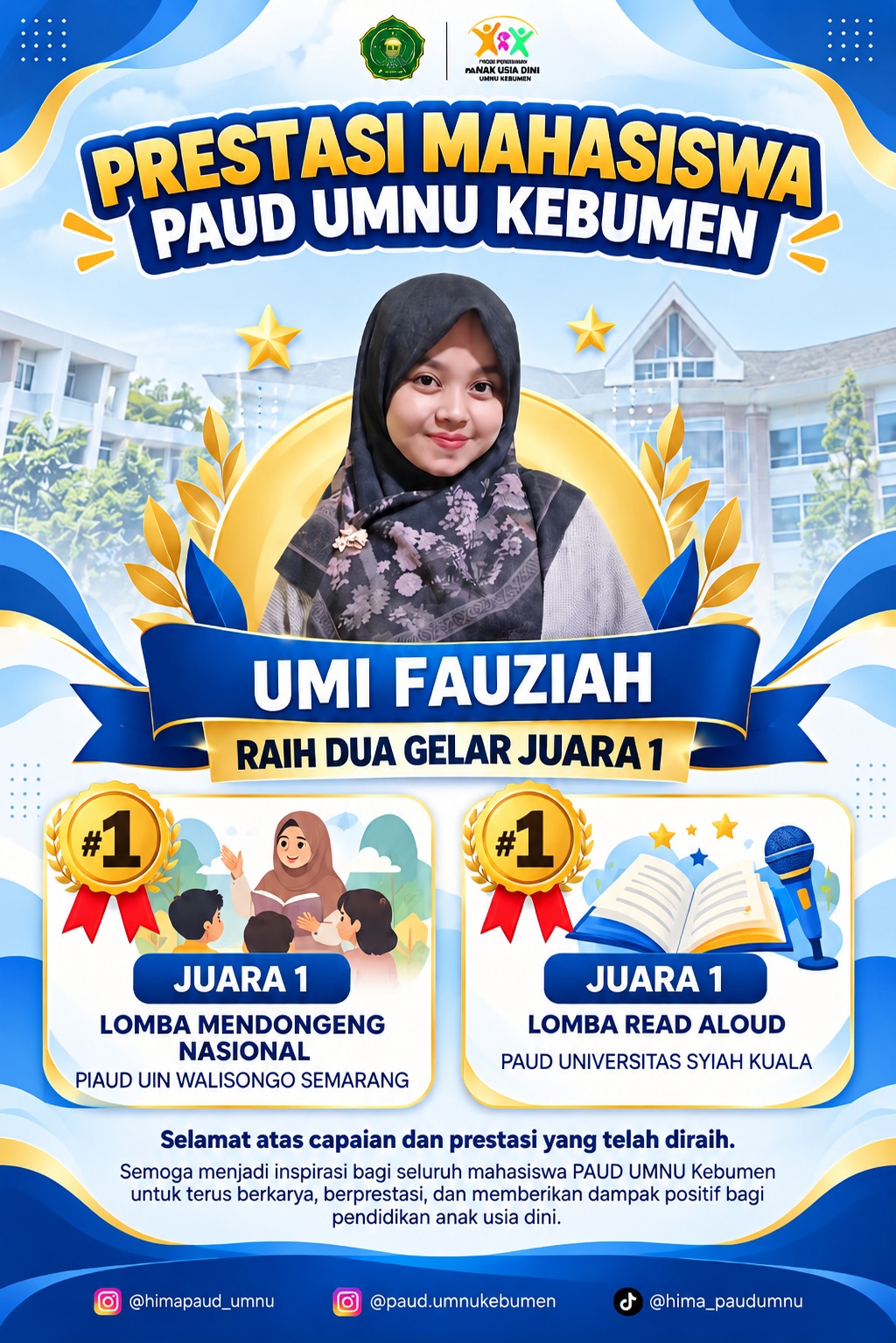 Mahasiswa Prodi PAUD UMNU Kebumen, Umi Fauziah, Raih Dua Prestasi Juara I Tingkat Nasional